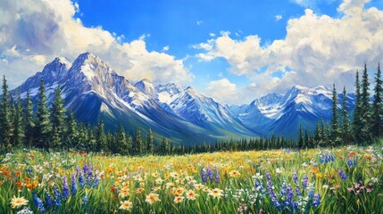 Aufkleber - A vibrant landscape featuring mountains, flowers, and a clear blue sky.