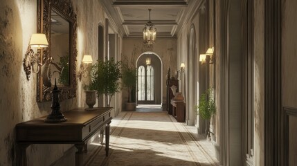 Wall Mural - Antique hallway adorned with distressed wall mirrors and elegant lighting fixtures