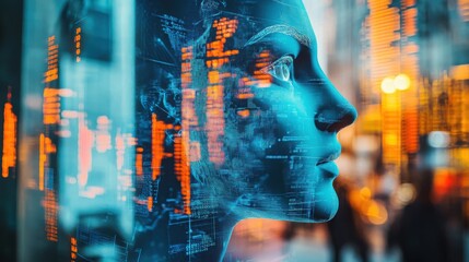 Poster - Creative double exposure of a digital face with urban data elements blending into a city background