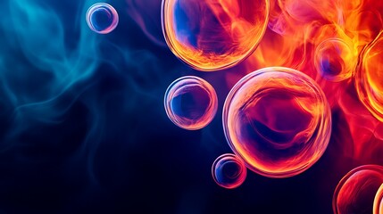 abstract fiery bubbles floating in blue smoke