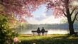 © vadosloginov - Couples counseling session takes place on a park bench under blossoming trees near a serene lake