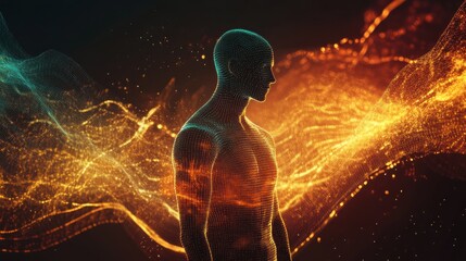 Fototapete - Conceptual representation of a glowing man surrounded by vibrant light patterns in a dark environment
