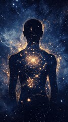 Aufkleber - Conceptual representation of a man emitting light and surrounded by a cosmic background