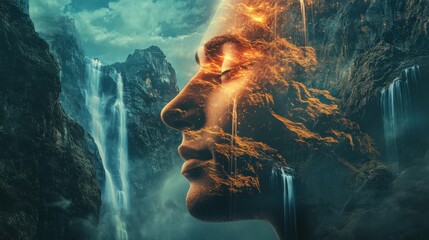 Poster - Conceptual depiction of a glowing man's face merging with natural elements in a mountainous landscape