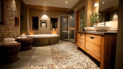 Aufkleber - Luxurious bathroom with pebble-stone flooring and wooden accents showcasing a relaxing spa atmosphere