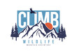 © Roman - Mountains t-shirt design with slogan - climb. Mountain typography graphics for tee shirt with sun, trees and eagle. Climbing print for apparel design with grunge. Wildlife slogan. Vector.