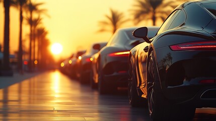 Poster - A fleet of sleek black cars glistens under golden rays of setting sun, creating a stunning panoramic view that exudes elegance and sophistication, Hd image 