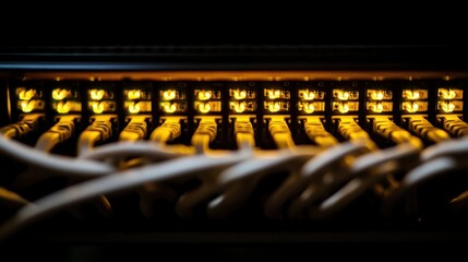 Poster - Close up of a network switch displaying active ports with blinking led lights, indicating data transfer and network activity in a dark server room