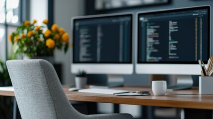 Aufkleber - Modern office workspace featuring dual monitors displaying code, indicating software development activity