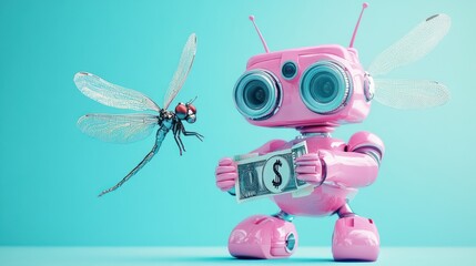Poster - A whimsical pink robot holds money while a dragonfly hovers nearby.