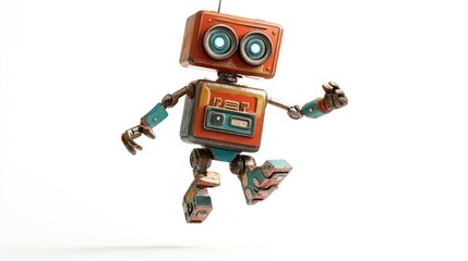 Poster - A whimsical robot character with a vintage design, playfully suspended in mid-air.
