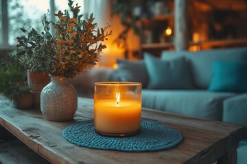 Wall Mural - cozy minimalist living room interior with glowing glass candle jar, rustic wooden table, and contemporary grey sofa in warm evening light