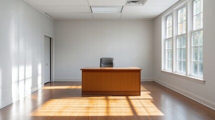 Poster - Minimalist office with wooden desk and leather chair near large windows in sunlit room