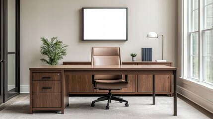 Poster - Modern wooden desk with leather office chair and blank frame hanging on the wall in a well-lit workspace