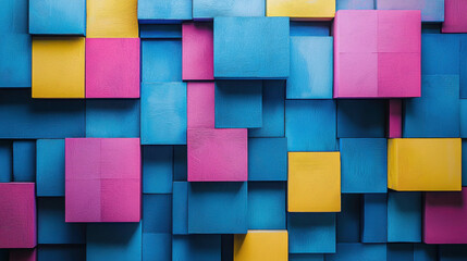 Poster - Colorful Abstract Grid of Interlocking Blocks in Blue, Pink, and Yellow Tones