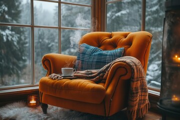 Wall Mural - cozy winter evening reading nook with vintage armchair, warm plaid blanket, steaming cup of tea, and glowing candles by the window