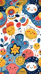 Sticker - Whimsical doodle patterns background or illustration with playful cartoon shapes