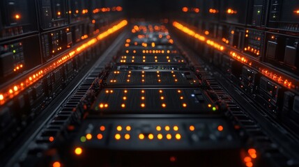 Poster - Abstract Close-Up of Server Racks with Glowing LED Lights in a Dark Data Center Environment Illuminating the Technology Landscape