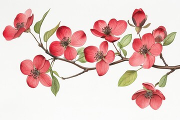 Wall Mural - a branch with pink blossoms and green leaves on a white background