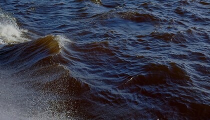 Poster - Close-Up View of Gentle Brownish Waves with Sparkling Droplets on Windy Water Surface, Capturing Natural Aquatic Textures for Calm Themes