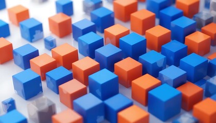 Abstract array of blue and orange cubes forming a pattern