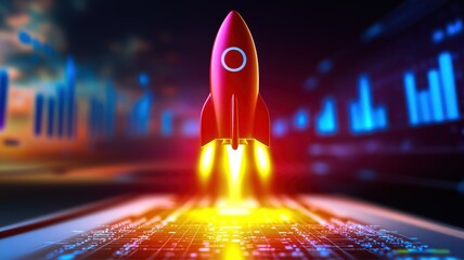 Poster - A vibrant rocket launches into a digital landscape, symbolizing innovation and technological advancement.