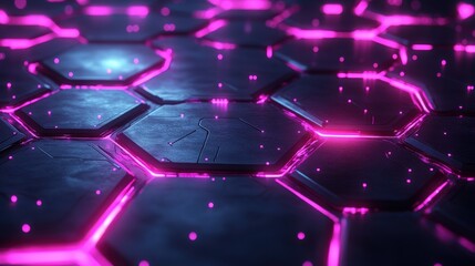 Fototapete - Futuristic Hexagonal Pattern with Neon Pink Glow and High-Tech Design Elements for Digital Backgrounds and Modern Technology Concepts