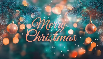 Poster - Festive Merry Christmas Greeting with Golden Ornaments, Pine Branches, Sparkling Bokeh Lights, and Snowflakes for Seasonal Celebrations