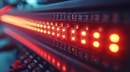 Fototapete - Vibrant Red LED Lights on a High-Tech Circuit Board Displaying Data and Connectivity, an Abstract Representation of Modern Technology and Digital Communication