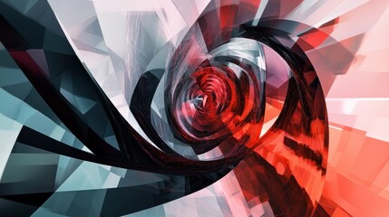 Poster - Abstract Vortex of Red and Gray Geometric Shapes Dynamic Swirling Pattern Digital Art