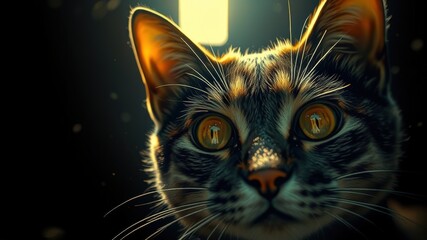  A curious cat with bright yellow eyes staring into the light in a dark room.