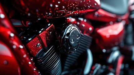 Poster - Close-up of a shiny red motorcycle engine with water droplets.