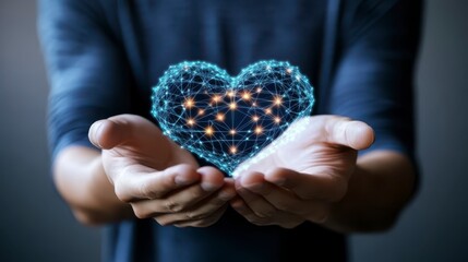 Connection Heart, glowing digital heart shape held in open hands, dark background, conveys love and technology themes.
