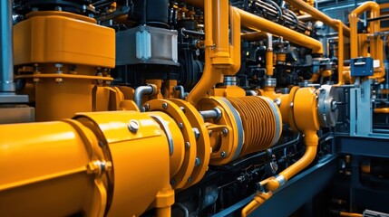 Fototapete - Close-up of industrial machinery with vibrant orange pipes and components.