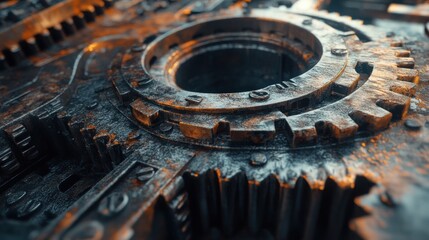 Poster - Close-up of intricate metallic gears with a rusty texture, showcasing industrial design.