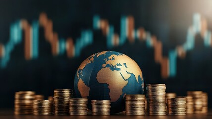 Poster - Economic recovery policy. Globe on coins with a financial chart background representing global economy and investment concepts.