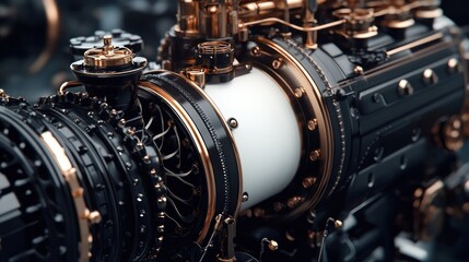 Fototapete - Detailed close-up of a complex mechanical engine showcasing intricate components.