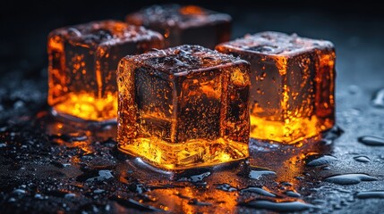 Poster - Four glowing amber ice cubes on a dark wet surface.