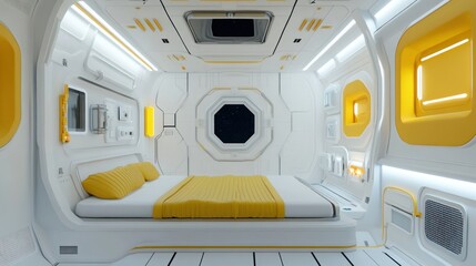 Aufkleber - Futuristic bedroom design with a sleek, white aesthetic and yellow accents.