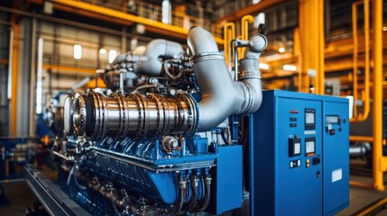 Fototapete - Industrial engine with complex piping and control panel in a factory setting.