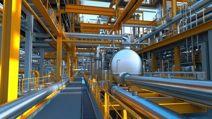 Poster - Industrial facility featuring pipes, tanks, and structural frameworks for processing operations.