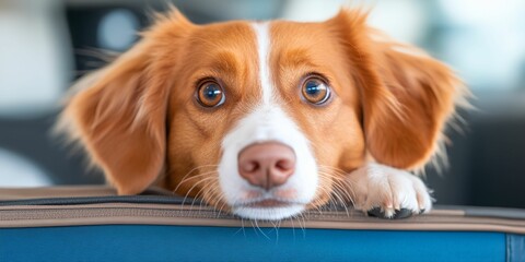 Dog with brown and white fur is laying on a blue suitcase