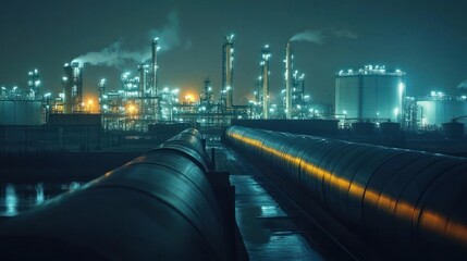 Aufkleber - Industrial landscape at night with illuminated structures and smoke.
