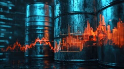 Leinwandbilder - Industrial scene with oil barrels and a digital graph symbolizing market trends.