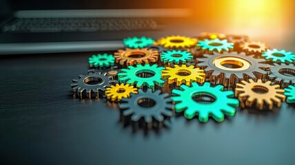 Poster - Colorful gears scattered on a dark surface, symbolizing machinery and technology, with a blurred keyboard in the background.