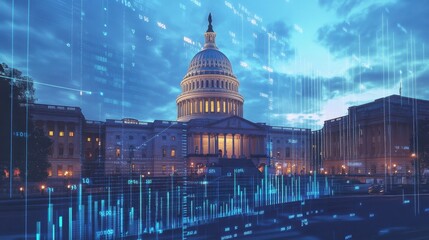 Poster - A stately government building with digital charts in the foreground, symbolizing the intersection of politics and economics.
