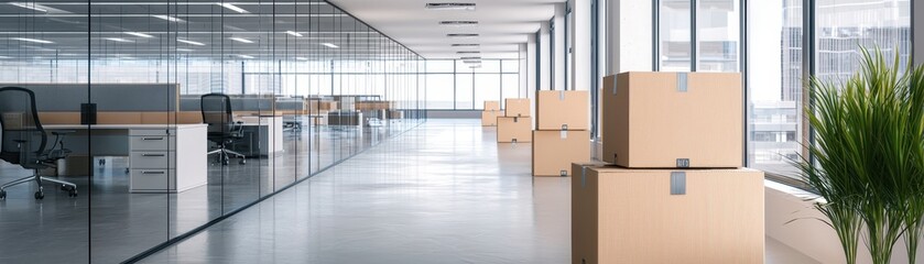 Poster - moving box and workspace. modern office interior with cardboard boxes and a plant, featuring glass w