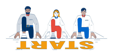 Poster - Multiracial business team on start line doodle illustration concept. Positive entrepreneurs ready to reach commercial goal cartoon 2D characters isolated on white. Hand drawn vector drawing