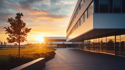 Poster - Modern building with large windows and sunset backdrop, showcasing contemporary architecture.