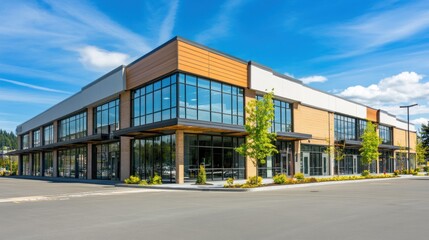 Aufkleber - Modern commercial building with large glass windows and landscaping.